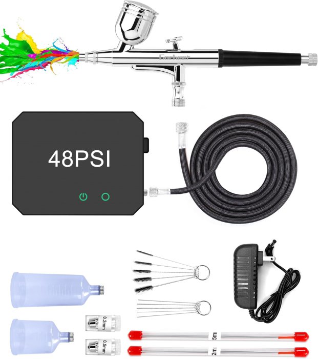 Gocheer Airbrush Kit with Compressor, 48 PSI, 0.2/0.3/0.5mm Nozzle, Black.