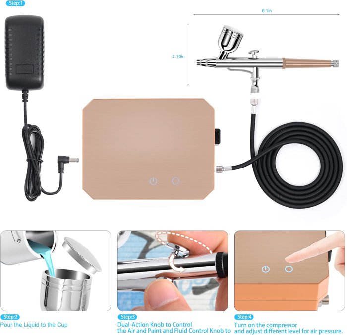 Gocheer Airbrush Kit with Compressor (Gold) (image 5)