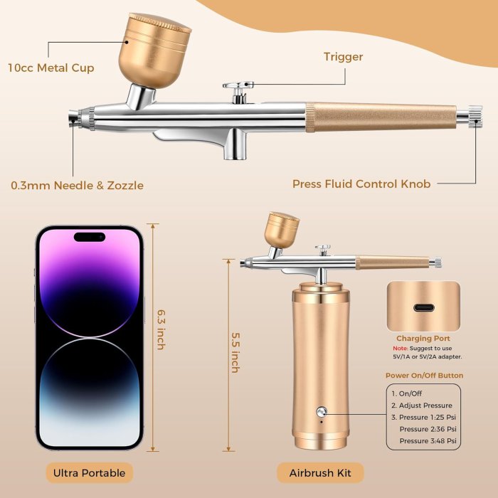 Gocheer Cordless Airbrush Kit - 48PSI Rechargeable Set with 0.2/0.3/0.5mm Nozzles (image 2)